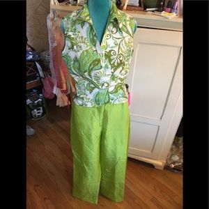 100% Silk Set White and Apple Green Women’s Pants Set size 6